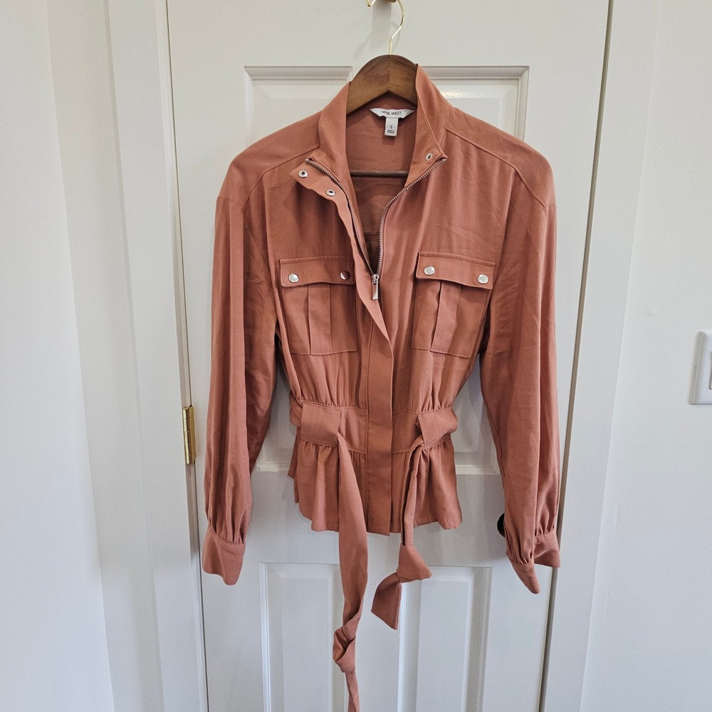 Nine West Womens Terracotta Utility Jacket Mock Neck Zip Peplum Tie Waist S